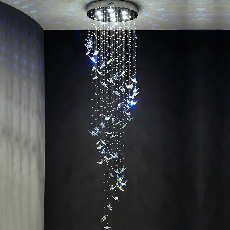 

Butterfly Crystal Staircase Chandelier Modern Cristal Long Hanging Lamps For Living Room Luxury Led Indoor Home Large Luminaire