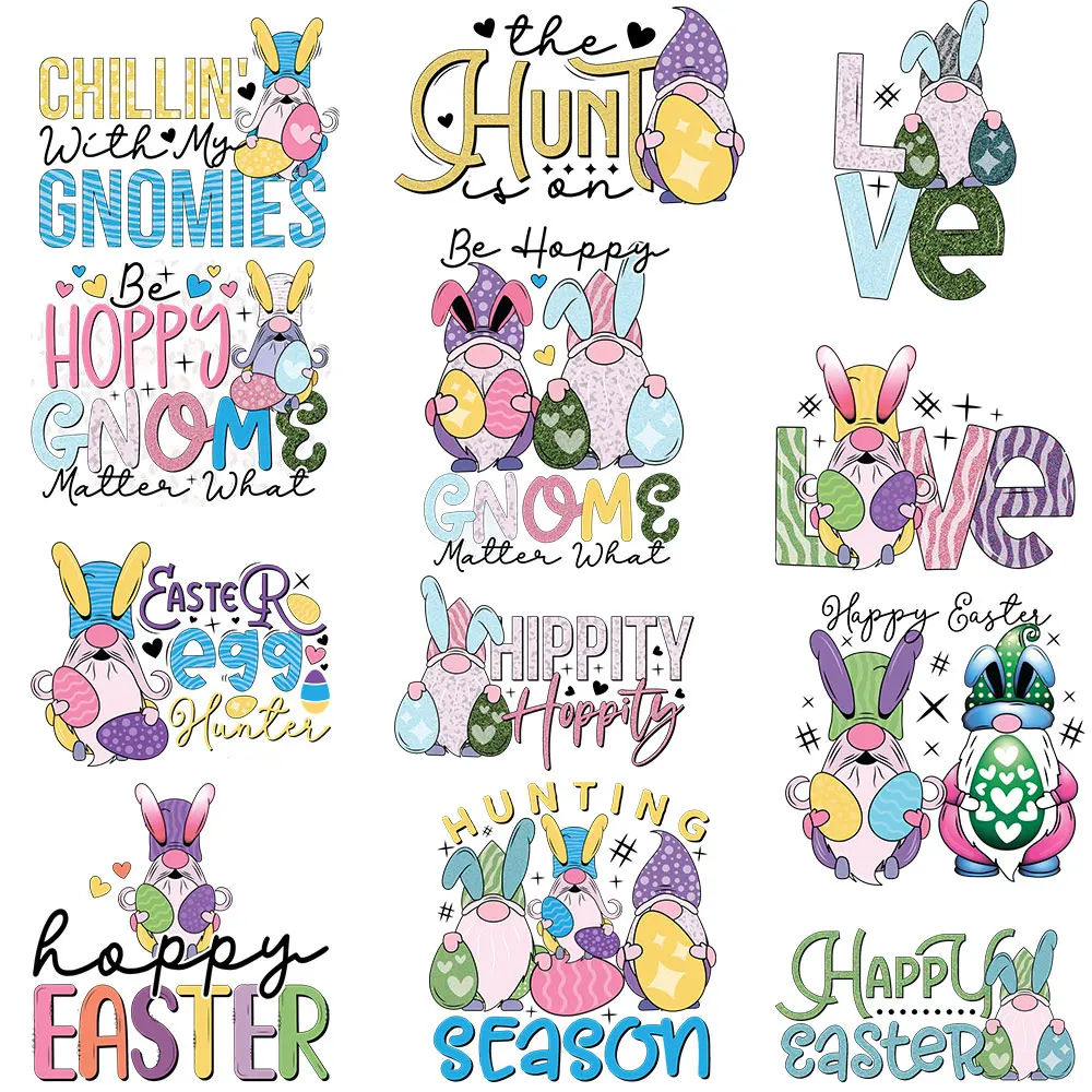 Happy Easter Heat Transfer Ready to Press Gnome Bunny Eggs Iron Patches Rabbit Clothes Stickers Diy Cartoon Decals Washable New