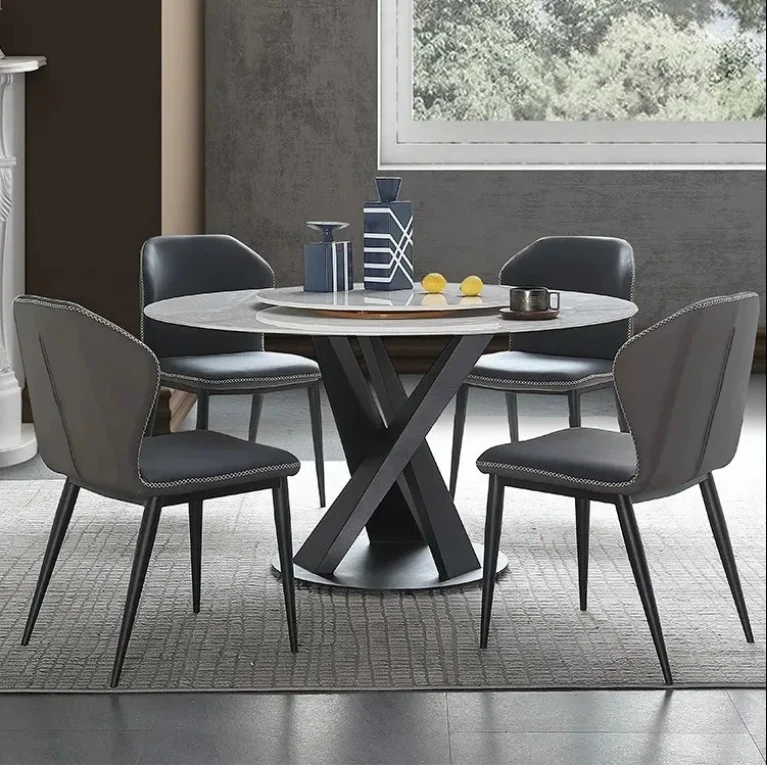 xx-Carbon Metal Cross Leg Luxury Sintered Stone Marble Round Dining Table For 6 8 Chairs Dinning Room Table Set With Turntable*
