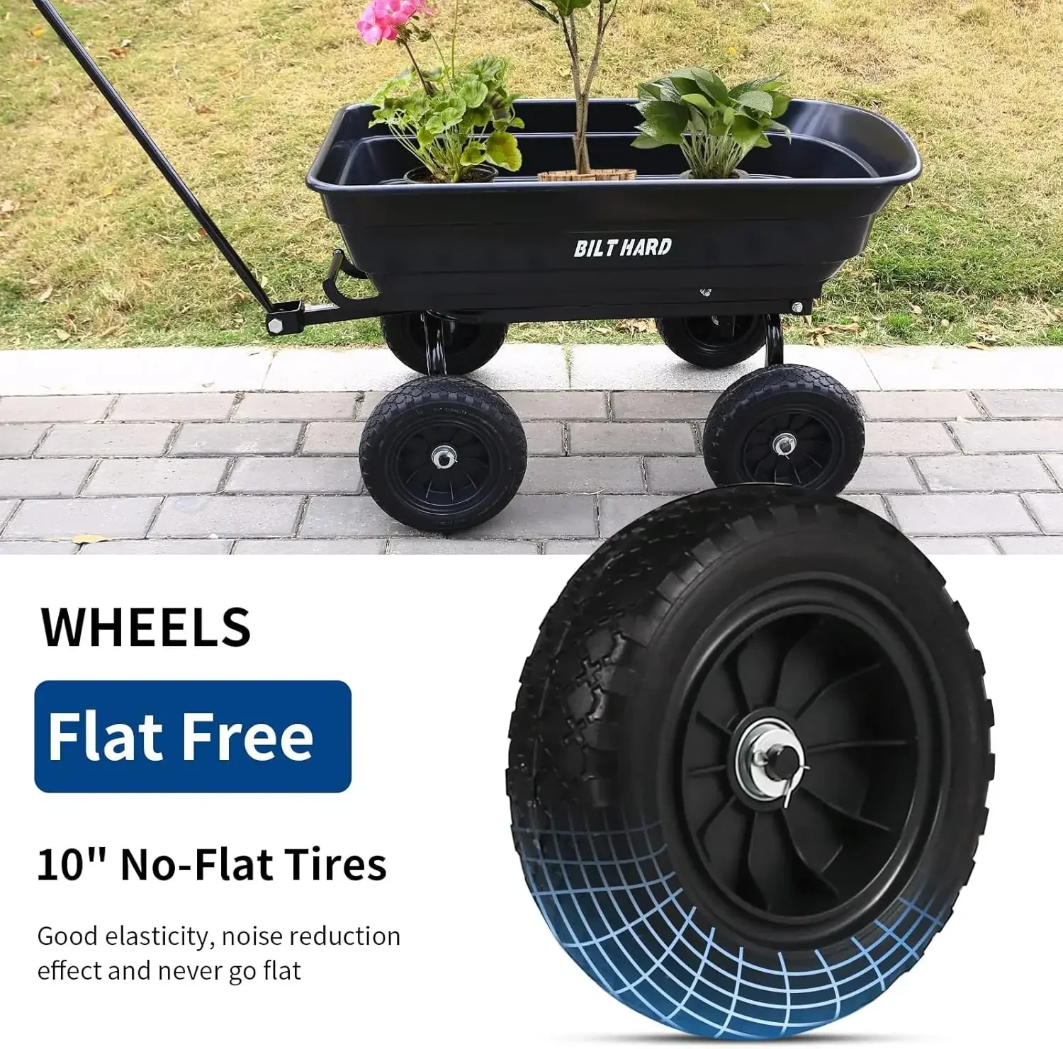 4 Cu.Ft. 10" No-Flat Tires Poly Yard Dump Cart with 180° Rotating Handle, 600 lbs Capacity Heavy Duty Garden Carts and Wagons