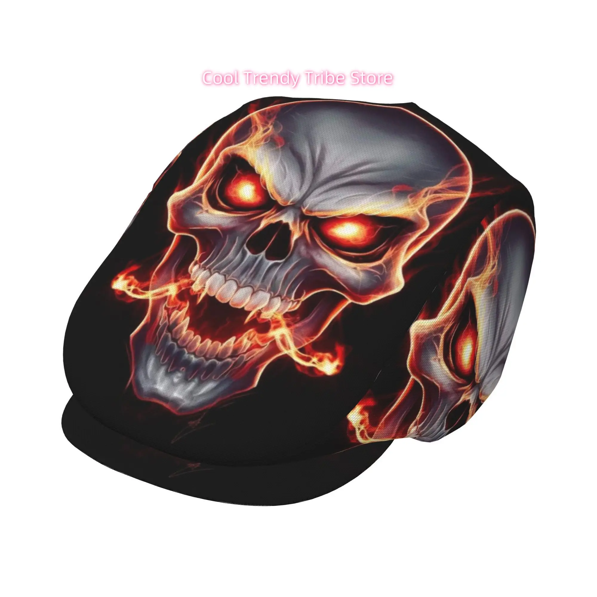 Flaming Fanged Skull 1pc All-over Print Flat-top Hats for Men and Women, Newsboy Caps, Berets, Irish Hats, Driver Caps, Men's Ca