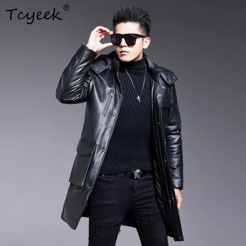 Tcyeek Real Leather Jacket Men Mid-length Top Layer Cowhide Coat Male White Duck Down Coats Winter Autumn Clothes Куртка Мужская