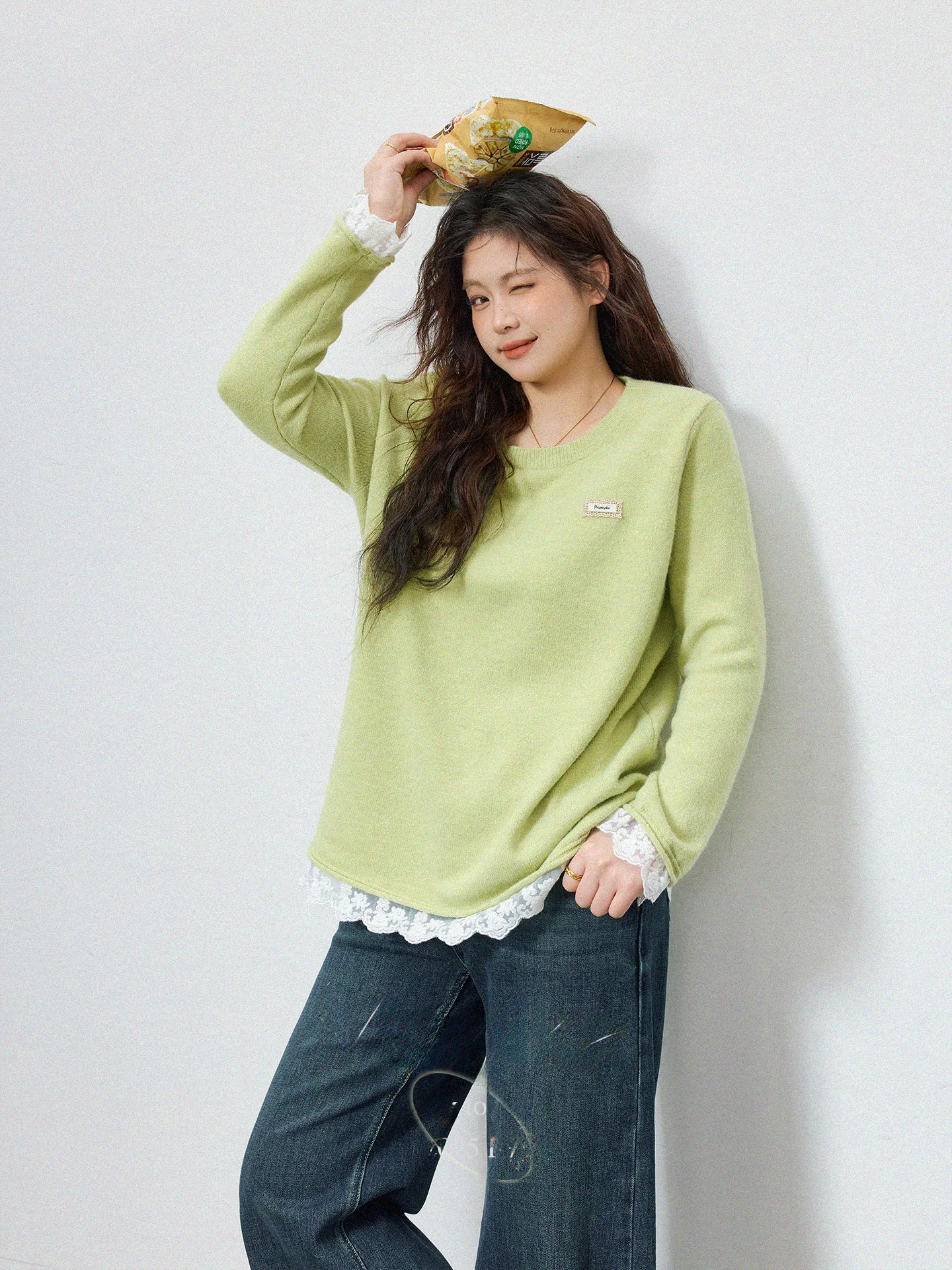 

plus Size Knitwear Lace Splicing Loose Fit Inner Wear Meat Concealing Spring New Sle Korean Sle Casual Faion Ladies' Top