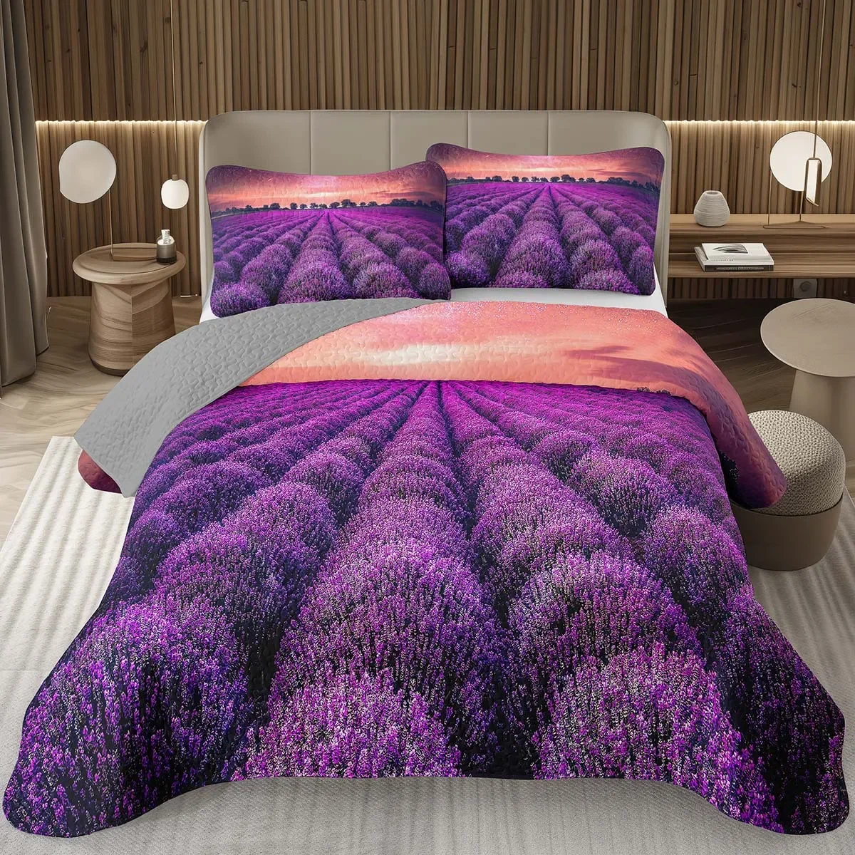 

Purple Lavender Bedspread Set Botanical Floral Coverlet Twin Queen Garden Flower Quilted Bedding Set for Girls Women Bedroom