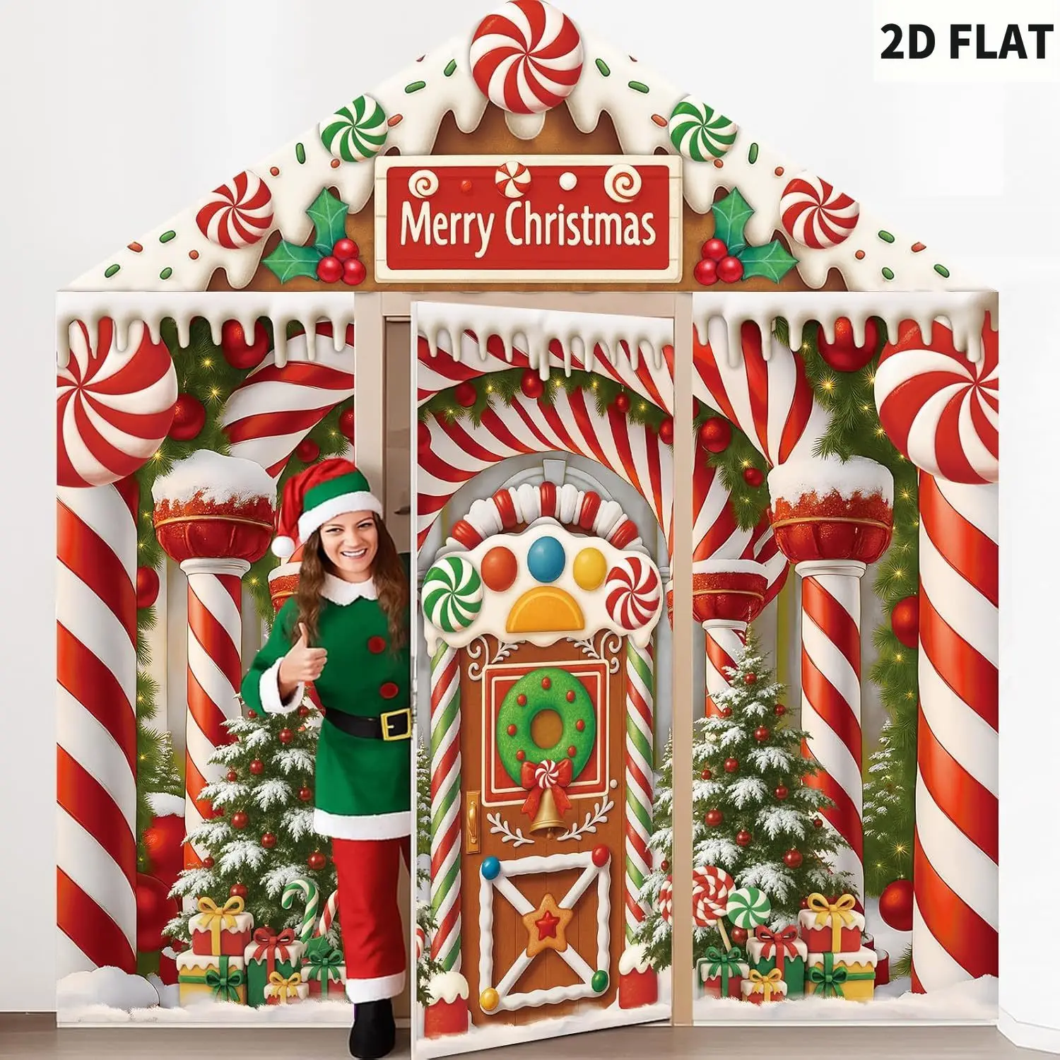 

1set/4 Pcs Christmas Gingerbread Candy House Printing Party Banner, Photo Booth Props, Door Cover Christmas Backdrops Door Decor