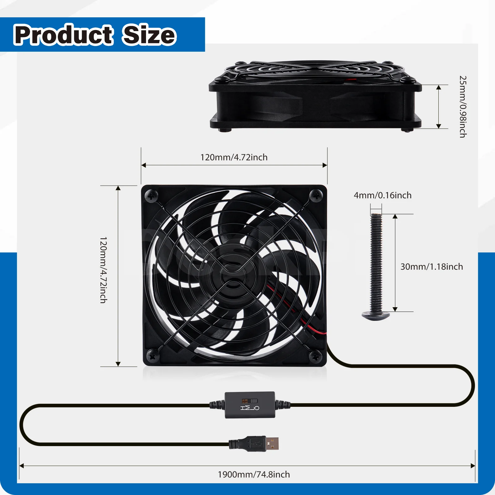DeskPi RackMate Accessories DC 12V Cooling Fan for T0/T1/T2 Server Cabinet, 120mm*120mm 3-Degree Speed Switch Cooling Fan