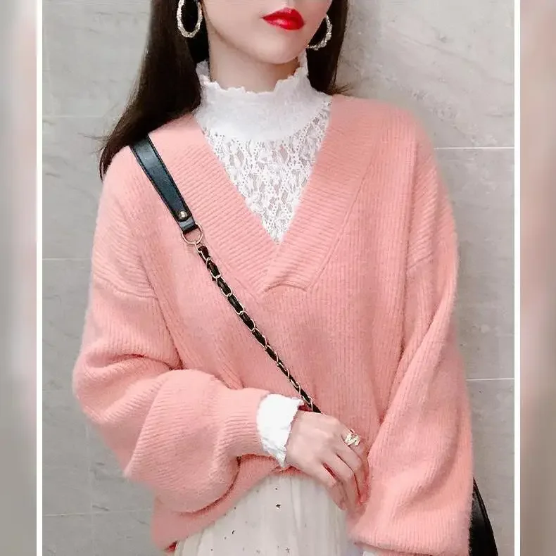 Women Blouse Women\'s Turtleneck Lace Lantern Sleeve Autumn Winter Sweater Mesh Top Blusas Ropa De Mujer
