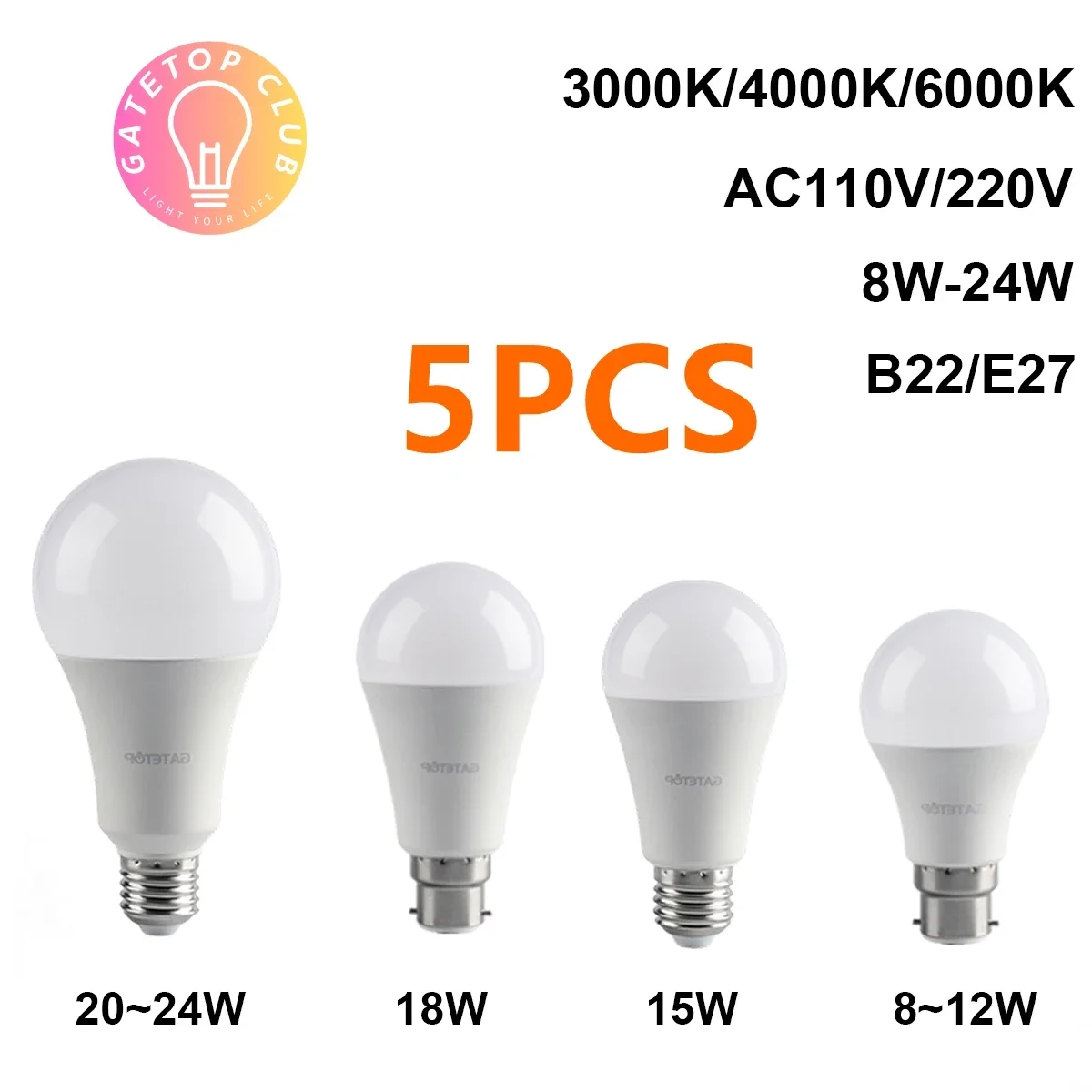 

5PCS AC110V/AC220V Led Bulb Lamps E27 B22 Light Real Power 8W 9W 10W 12W 15W 18W Lampada For home and office decoration