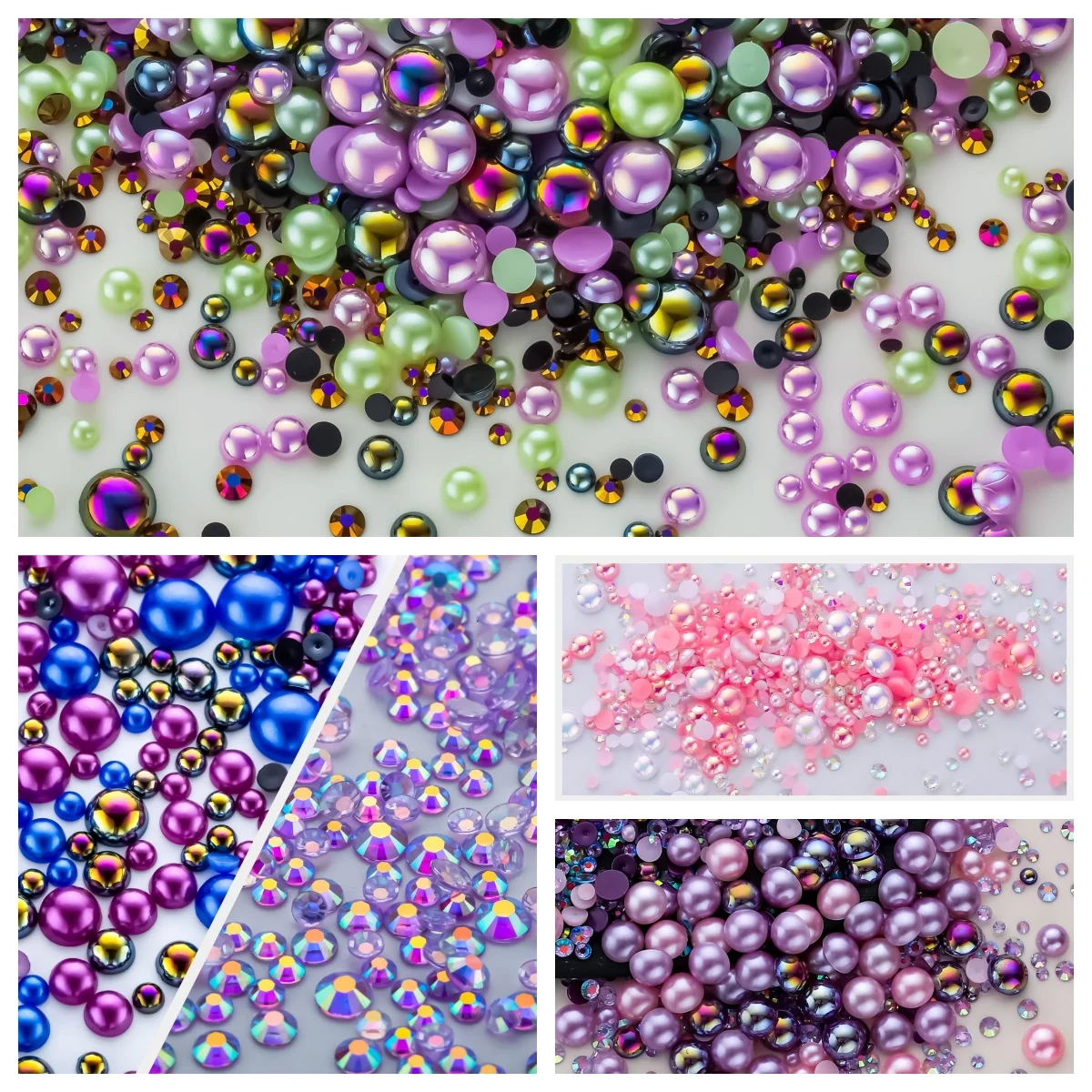 1100Pcs Flat Back Pearls And Rhinestones, 30g Mixed Size 3mm-10mm Ab Color Resin Rhinestones Semi-Circular Pearl
