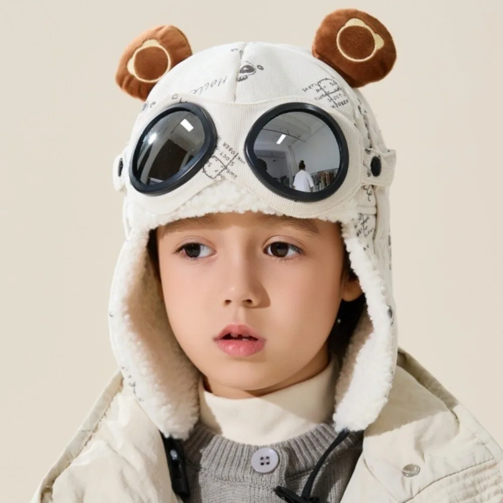 

Fashion Cute Cartoon Children Pilot Hat Cold Proof with Glasses Ear Protection Cap Windproof Thickned Warm Hat Winter