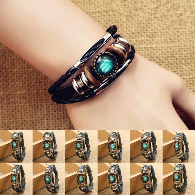 Fashion Punk Men Jewelry 12 Horoscope Leather Bracelet Retro Wooden Bead Charm Bracelet Female Male Jewelry Gifts Wholesale