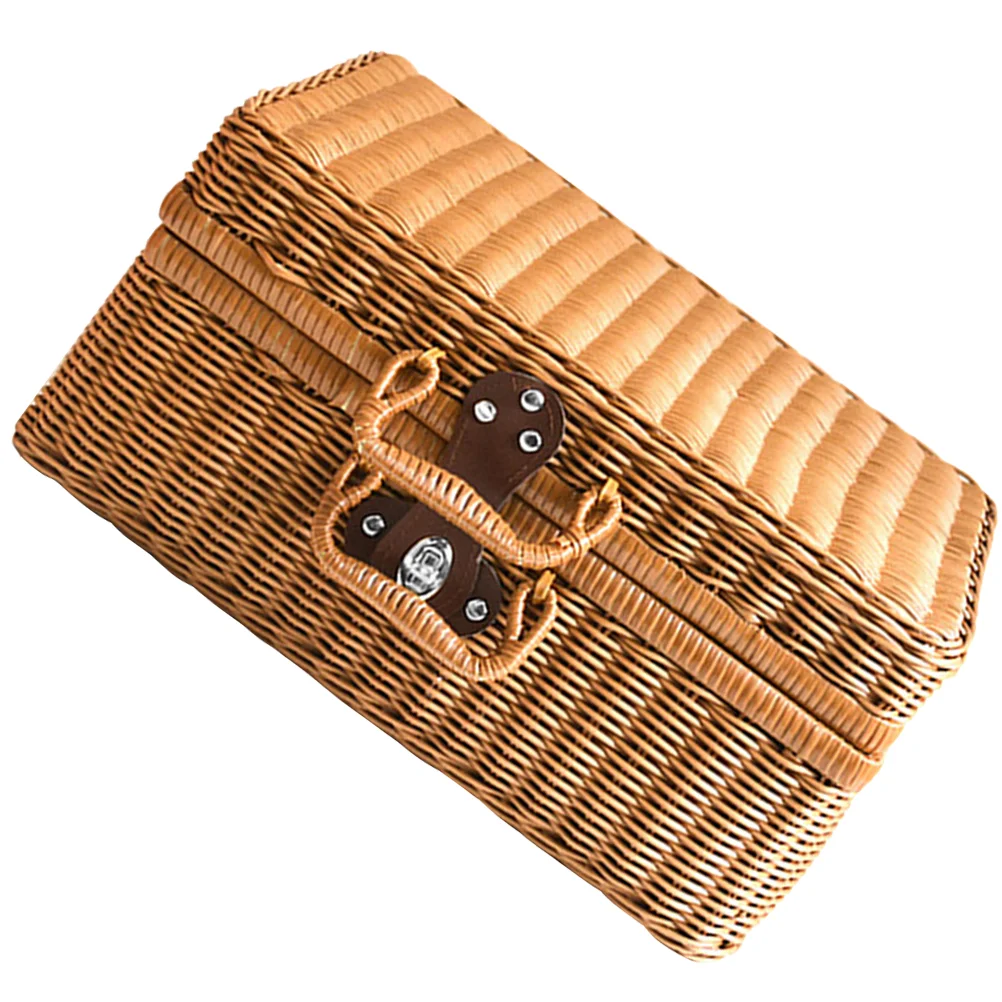 Imitation Rattan Suitcase Makeup Woven Picnic Hamper Simulated Retro Style Storage Basket Wicker