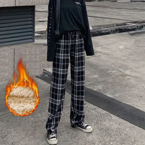 Thickend Warm High Waist Loose Plaid Pajama Trousers Women's Autumn and Winter Leisure Thin Straight Wide Leg Sleeping Pants