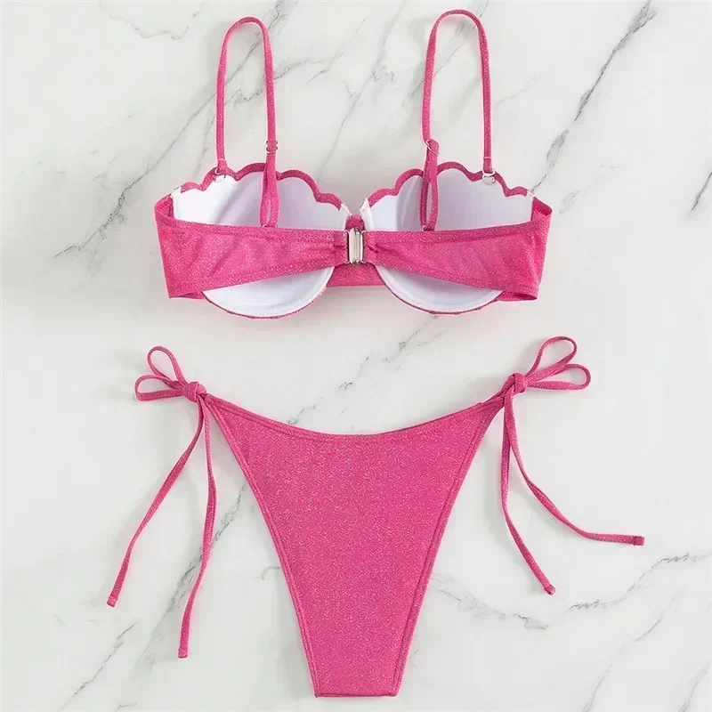 Rose Red Shiny Shell Push Up Bikinis Sets String Micro Thong Sexy Swimsuits Women 2025 Underwire Swimwear Bather Bikini Mujer ok