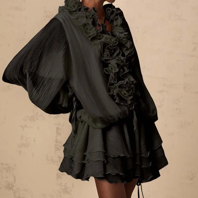 Vestido de fiesta liso informal para mujer, minivestido elegante con cordones y retazos de flores a la moda, vestido acampanado con volantes y manga acampanada con cuello en V