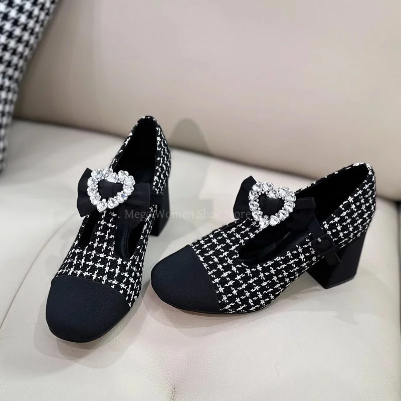 

Diamonds Bow Buckle High Thick Heel Mary Jane Shoes Sheepskin Genuine Leather French Sweet Style Banquet Single Shoes Pumps