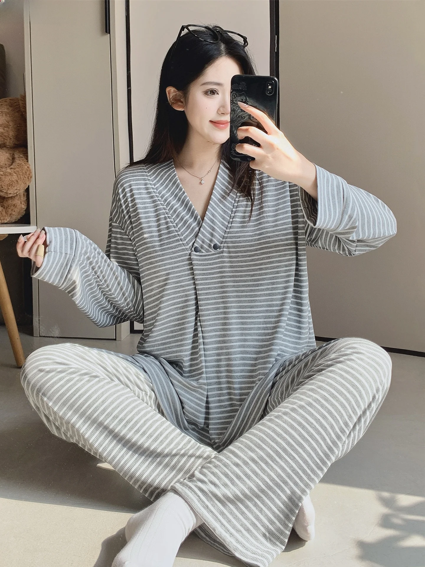 maternity-sleepwear-modal-long-sleeve-v-neck-comfortable-breastfeeding-nightgown-women's-home-clothes-spring-autumn-summer