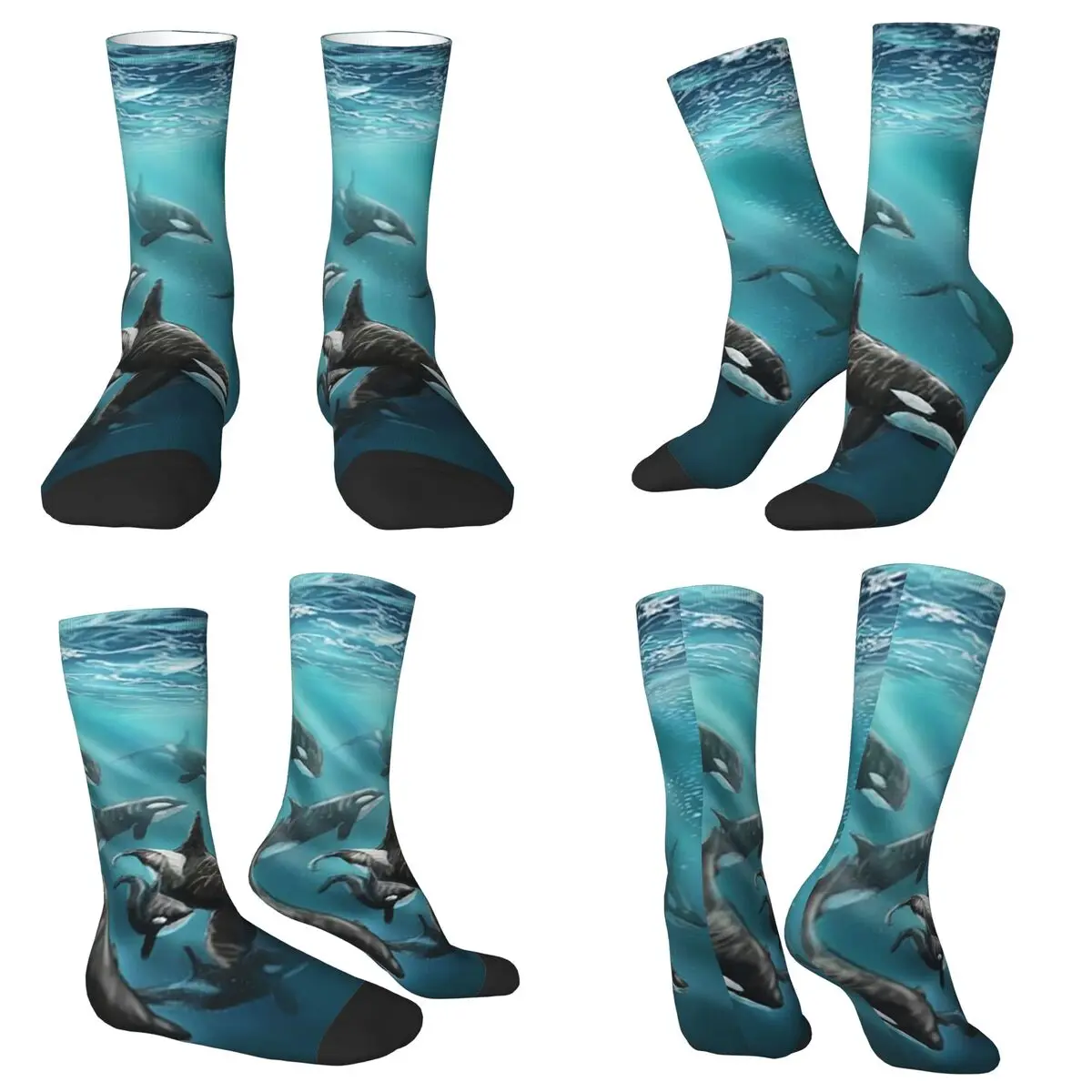 All Seasons Crew Stockings Bule Orca Whale Family Swimming In Sea Socks Casual Long Socks for Men Women Valentine's Day Gifts