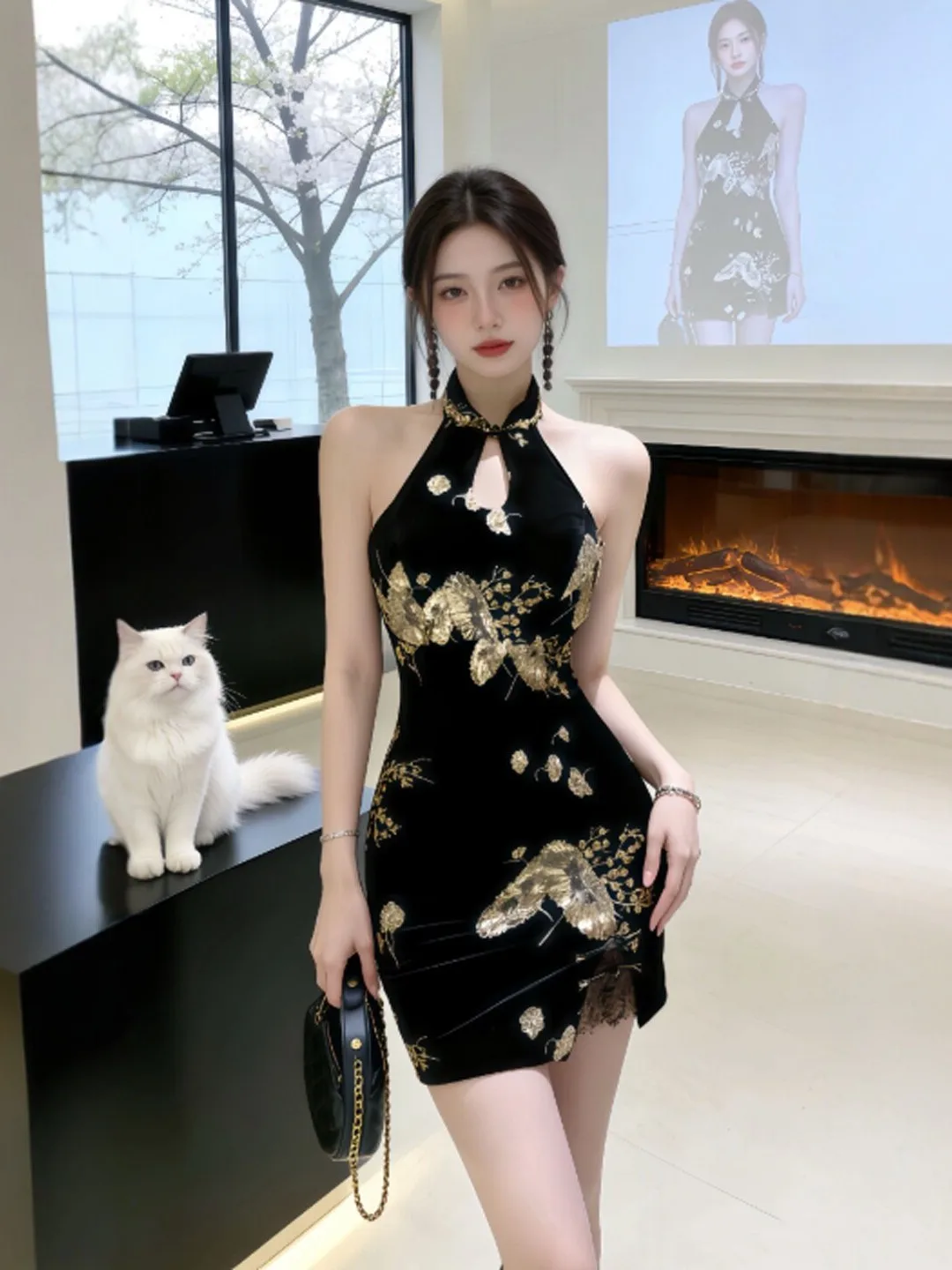 

New Chinese Style Printed Slim Fit Short Dress Unique Retro Qipao Dress Summer Fashionable Cotton Wrap around Skirt Dress