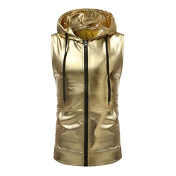 Hooded Men Shiny Gold Silver Zipper Nightclub Vest Men's Harajuku Streetwear Hip Hop Tops Dance Sleeveless Jackets Waistcoat