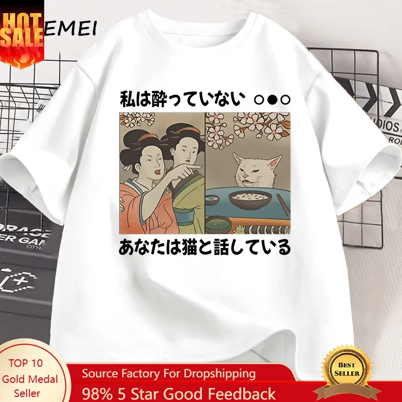Japanese Style Cartoon Cat T-Shirts Summer Harajuku Kawaii Cat Printed Short Sleeve Tees Harajuku Y2K Tops Vintage Streetwear