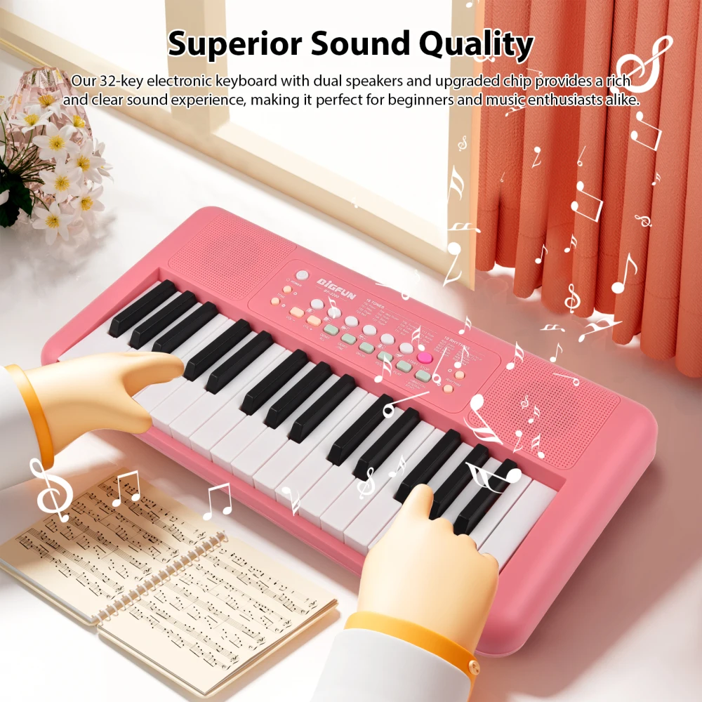 32 Key Electronic Keyboard Piano with Dual Speaker Microphone Dual Power Mode Portable Music Piano Keyboard for Beginners