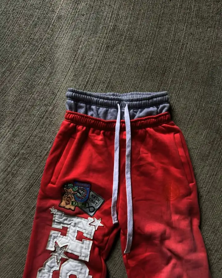 Retro Red Double Layer Sweatpants Y2K Pants Men Hip Hop Letter Patch Embroidered Loose Pants Casual Elastic Waist Jogging Pants