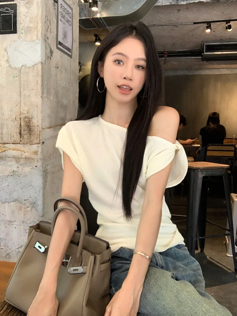 Loose Fit ey oulder Bared ort Sve Camiseta Feminina Verão Design Casual Top Solto Confortável Lazer Sle Commute F...