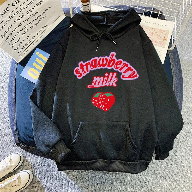 Harajuku Korean Funny Fruit Strawberry Printed Women Hoodies Autumn Winter Design Niche Versatile Sweatshirt Pullovers Unisex