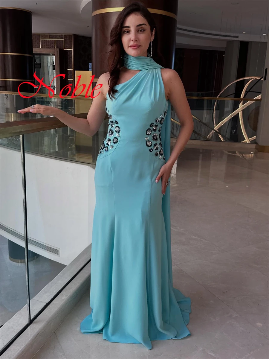 Customized Delicate Light Blue Jersey Evening Dress Graceful One Shoulder Ribbon Zipper Back Beading Flowers Homecoming Dress