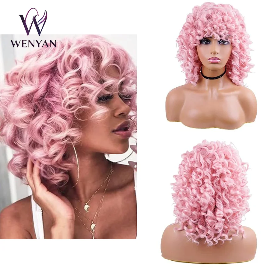 12inch Women Pink Medium Curly Synthetic Wig With Bangs, Fluffy Afro Style Heat Resistant Cosplay Full Wig