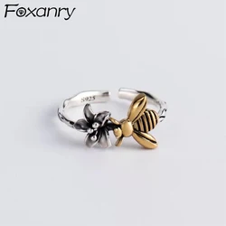 Foxanry Silver Color Flower Bee Ring For Women Girl Vintage Simple Temperament Personality Cute Birthday Jewelry Gifts Wholesale