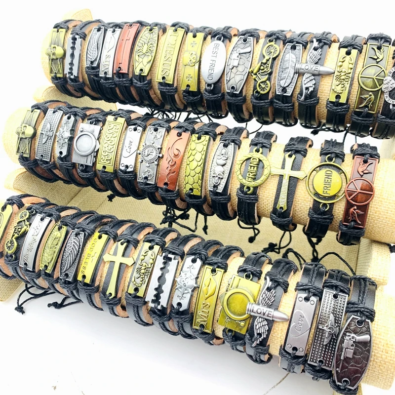 10pcs Leather Cuff Bracelets For Men and Women Handmade Copper Alloy Fashion Jewelry Rope Tie Size Adjustable