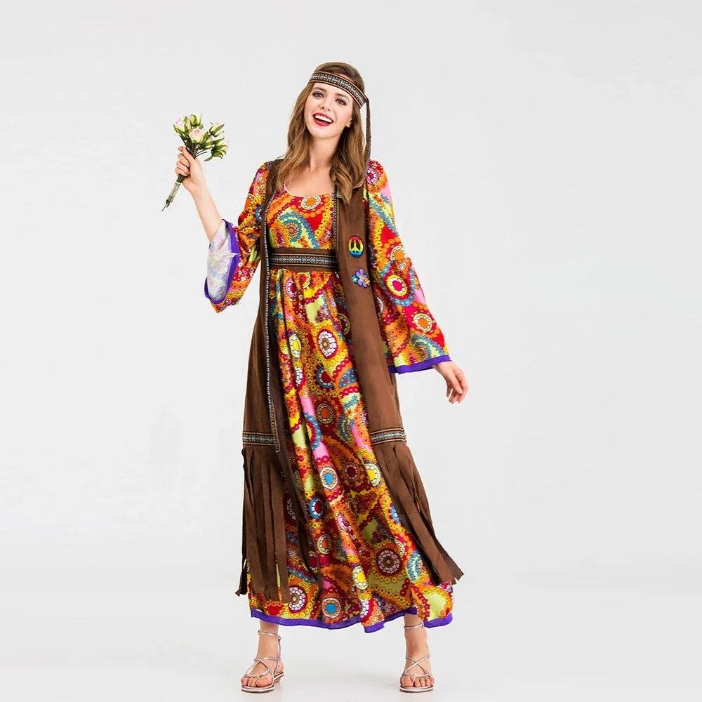 New Women's 70s Retro Disco Hippie Costume Halloween Carnival Party Cosplay Primitive Tribe Princess Costume