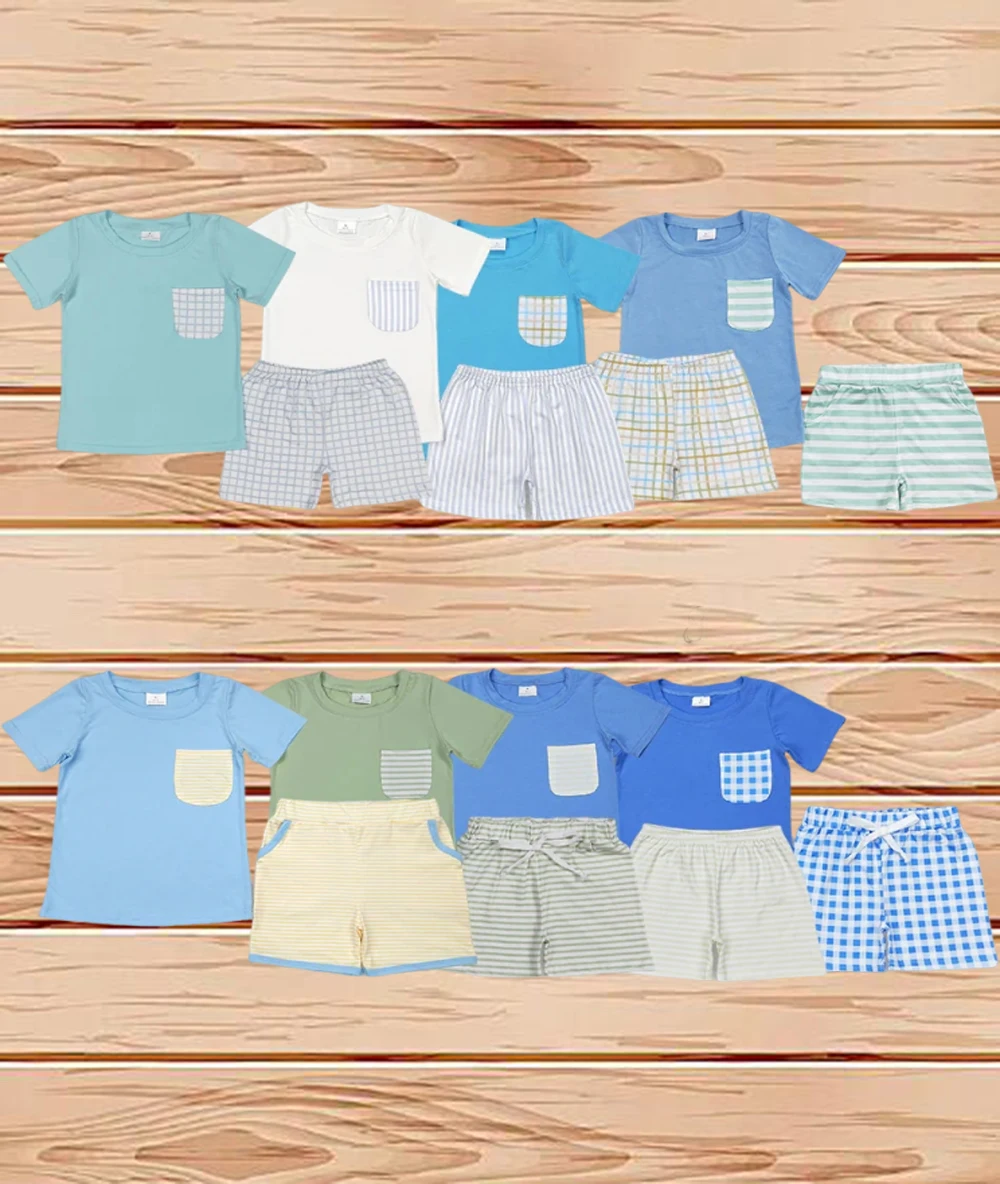 

4.16 Wholesale Western Boutique outfits children clothing Sibling Baby Boys Cotton Pocket Top Shorts Outfits Sets