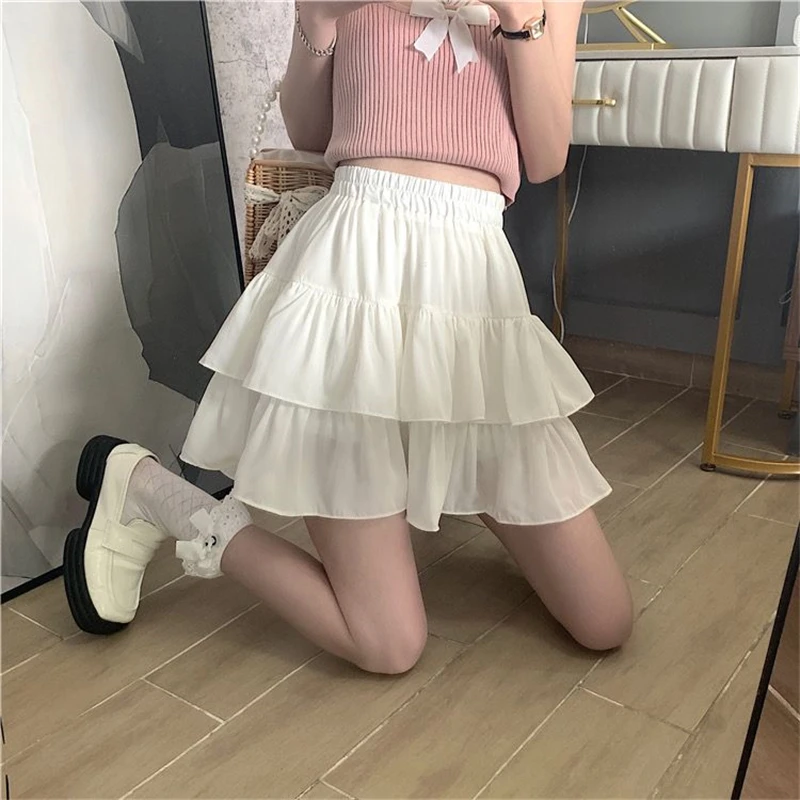 2024 Summer Women Trendy Double Layer Ruffle Sexy Mini Skirts Female Y2K Solid High Waist Cute Sweet Fairy Pleated A-line Skirt