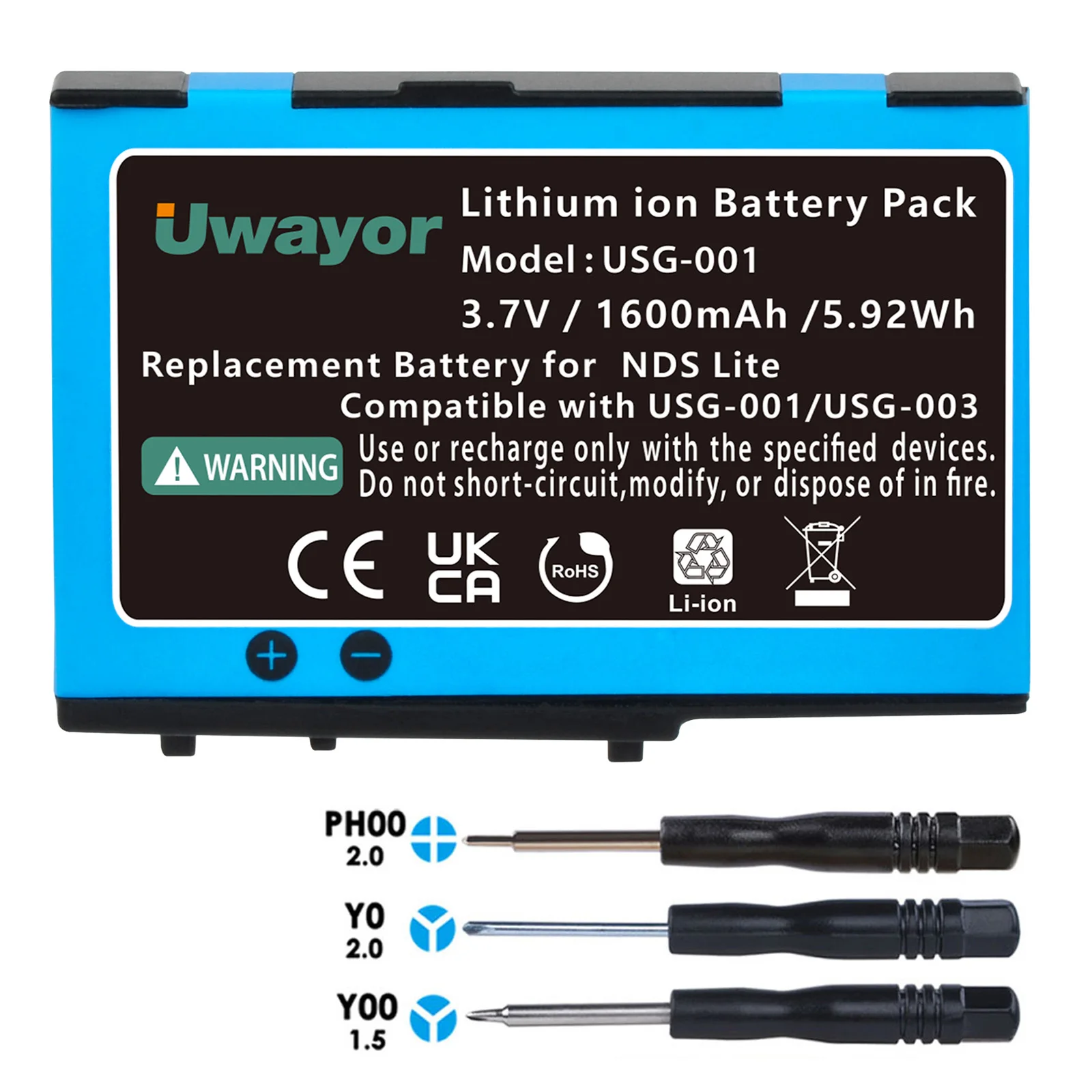 

DS Lite Battery, 1600mAh USG-003/USG-001 Replacement Battery for Nintendo DS Lite, NDS Lite, NDSL Game Player with Tool Kit