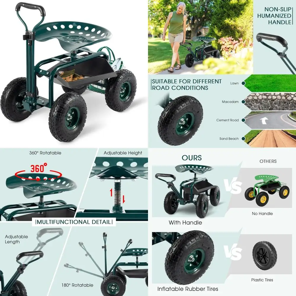 

Heavy-Duty Outdoor Gardening Cart with Seat, Rolling Scooter, and Storage for Seniors, Suitable for Green Spaces