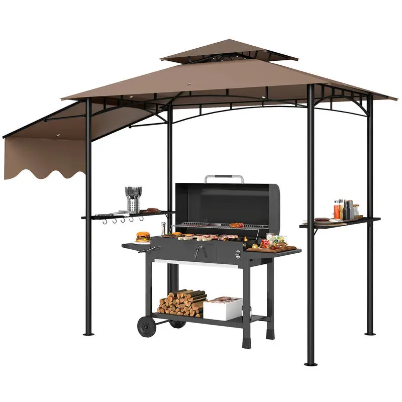 

8' x 5' Outdoor Grill Gazebo, Barbecue Gazebo Shelter with Side Awning, 2 Side Shelves and 6 Hooks, Brown