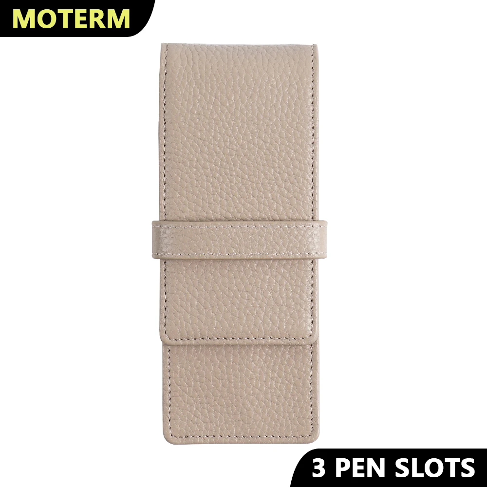 Moterm Genuine Leather Flap Pen Bag with Magnetic Attraction for Three Pens Pebbled Grain Pencil Case Stationary Pen Pouch 