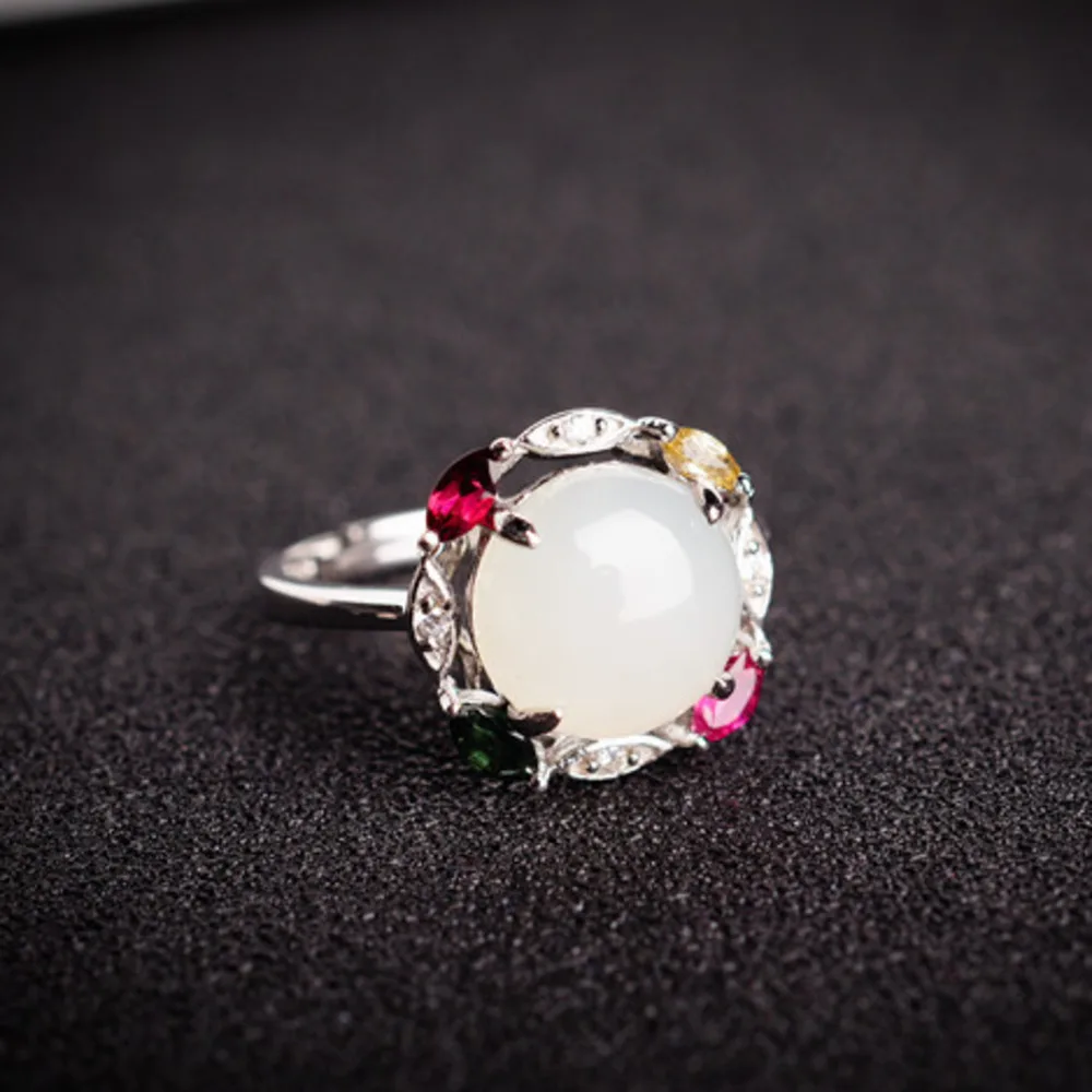 

Кольцо из натурального нефрита Хэтянь GL с серебром 925 пробы и цирконами, кольцо из белого нефрита с открытой задней частью и сертификатом, в ретро-этническом стиле