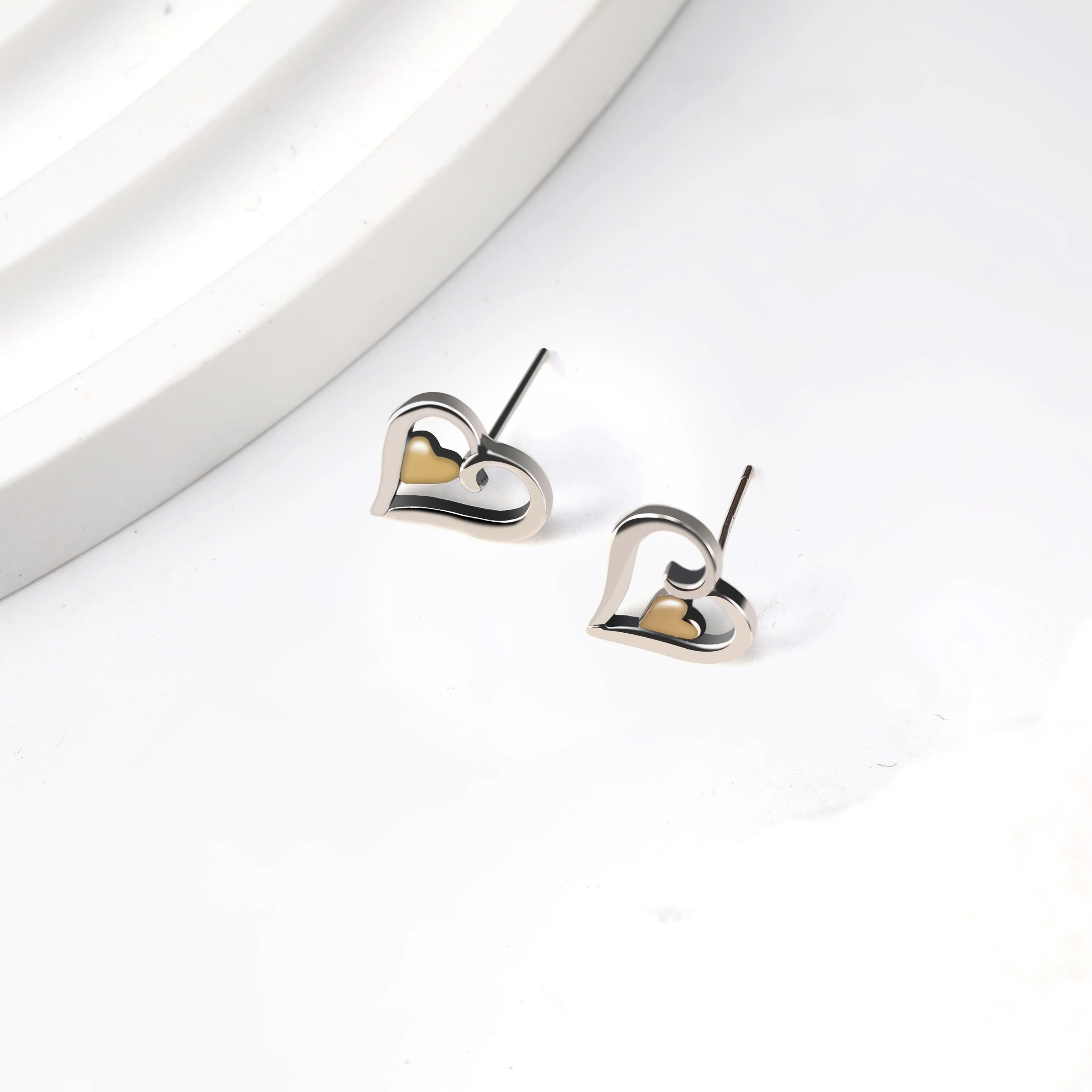 925 Sterling Silver Hollow Heart Stud Earrings for Women, Two-Tone Gold Small Heart Inside Open Love Heart Ear Studs, Jewelry Gi
