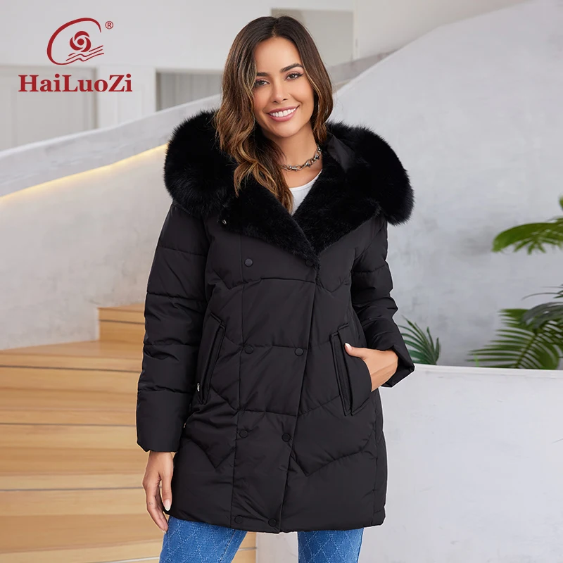 HaiLuoZi 2023 New Winter Down Jacket Warm Hood with Detached Fur Short Female Outwear Elegent Solid Color Thick Coats Women 1158