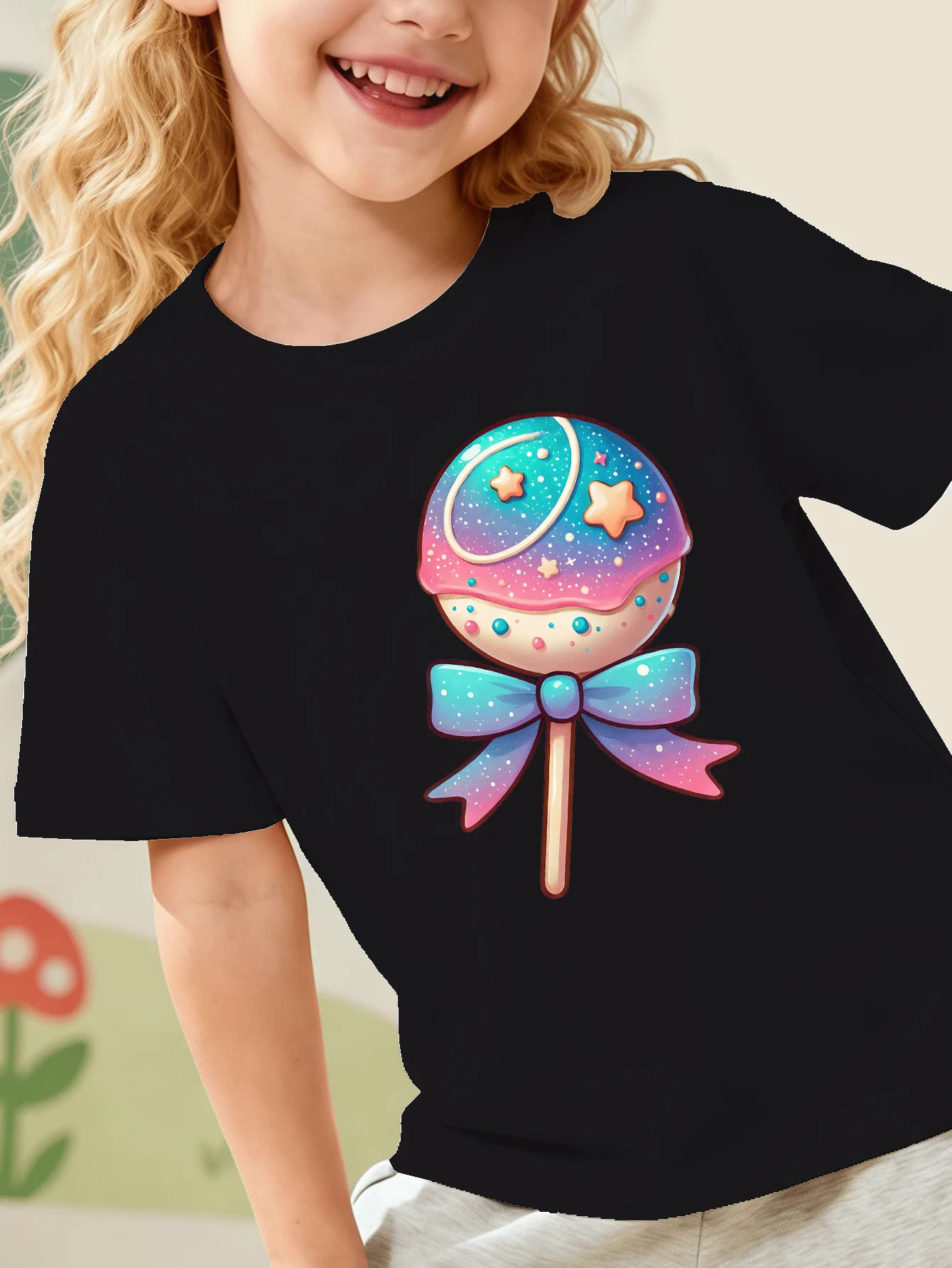 Family Matching T Shirts Kawaii Colorful Starry Lollipop With Bow Print Short Sleeve Soft Cotton Boys Girls Children Casual Tees