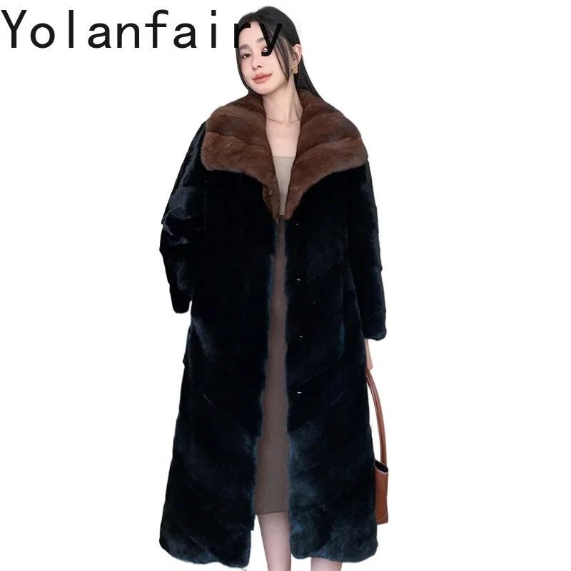

YOLANFAIRY Real Fur Coat Woman Luxury 2025 Winter Long Whole Mink Fur Jacket Shawl-neck Long Black Fur Coats Warm Outerwears