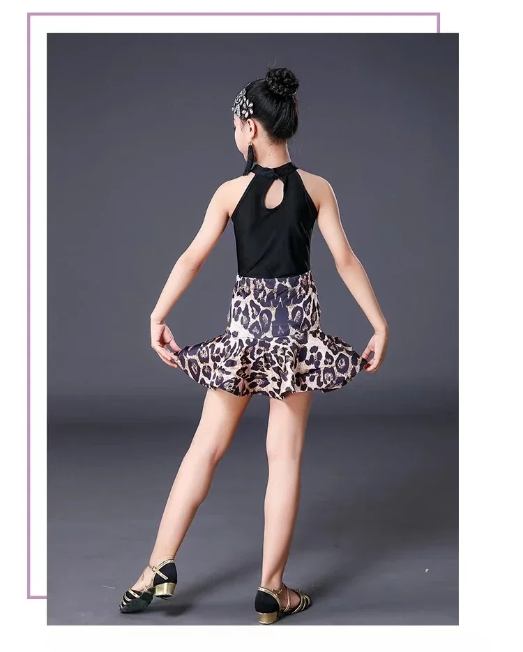 Vestido de dança latina profissional para meninas, vestidos de dança de salão para crianças, saia com estampa leopardo, samba tango