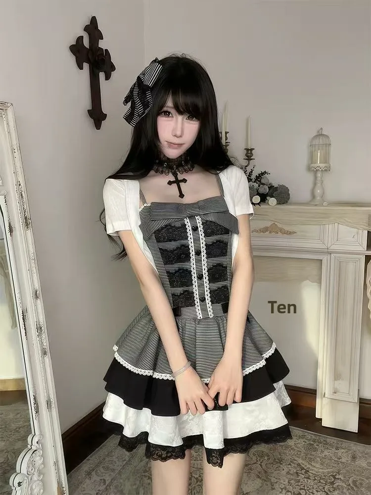 Gothic Style Summer Light LO Dress Window Letter Short Sleeve Double Color Cardigan Set Female Fashion College Style Printed ...