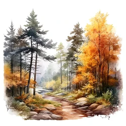 Forest in Autumn Wall Decal - Dreamy Watercolor Woodland Pathway Home Decor - Self-Adhesive Wall Sticker for Bedroom, Hallway