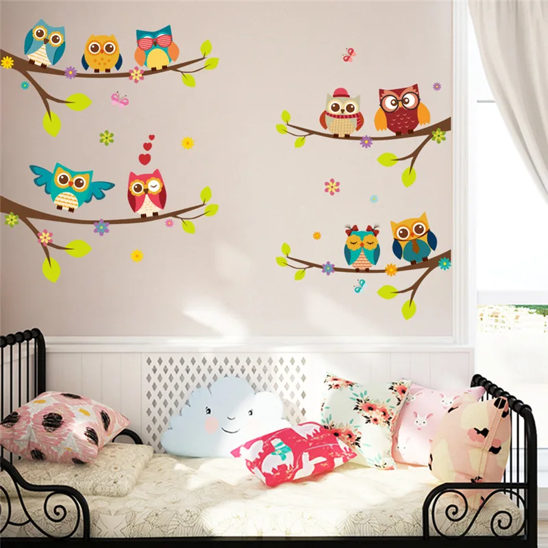 Cute Owlet On Tree Branch Wall Sticker Kids Room Decoration Cartoon Safari Mural Art Diy Home Decal Animal Owl Poster