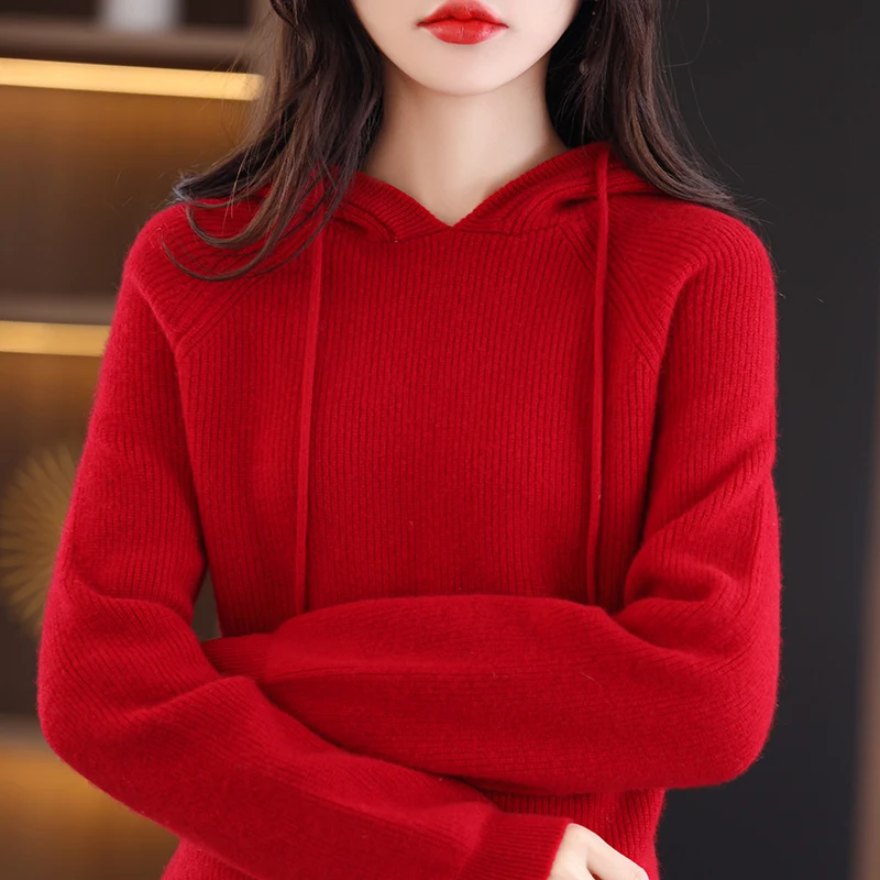 New Autumn And Winter Women\'s Hooded Sweater Solid Color Pullover Sweater Korean Version 100 Pure Wool Knitted Bottoming JQ57